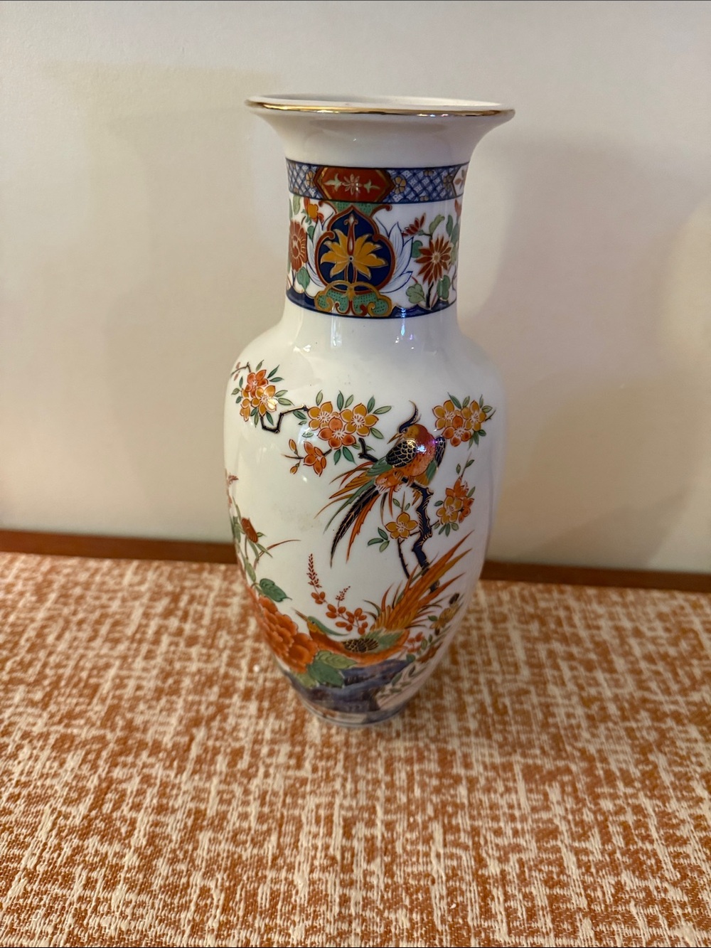 Decorative White Porcelain Vase with Orange Floral & Bird Motif